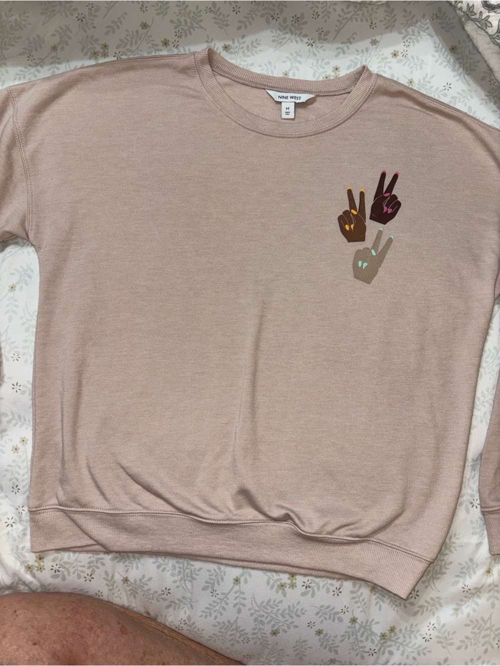 Nine West Beige Crewneck Sweatshirt with Colorful Hand-Print Graphic